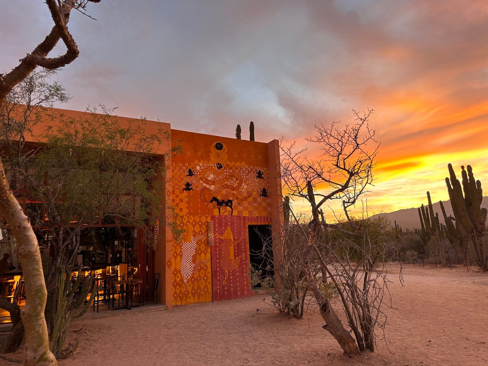 Pólvora at sunset: an orange adobe building among cardón cacti