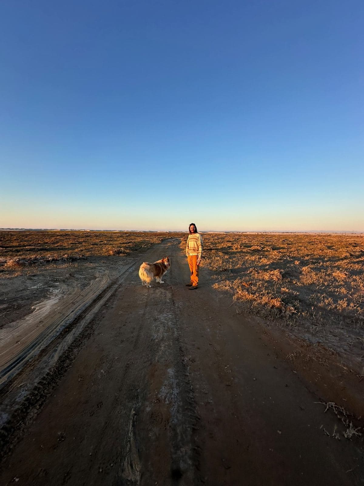 Walking a long desert road at dusk