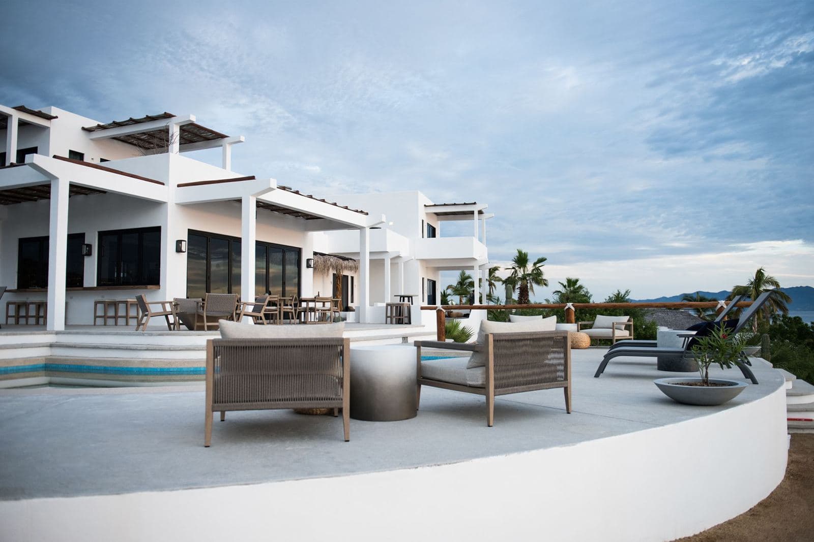 The lower pool terrace, looking back at the hotel
